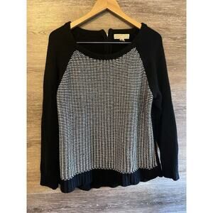 MICHAEL KORS WOMEN KNIT SWEATER LOGO PRINT Zipper BLACK WHITE Sz large Preppy